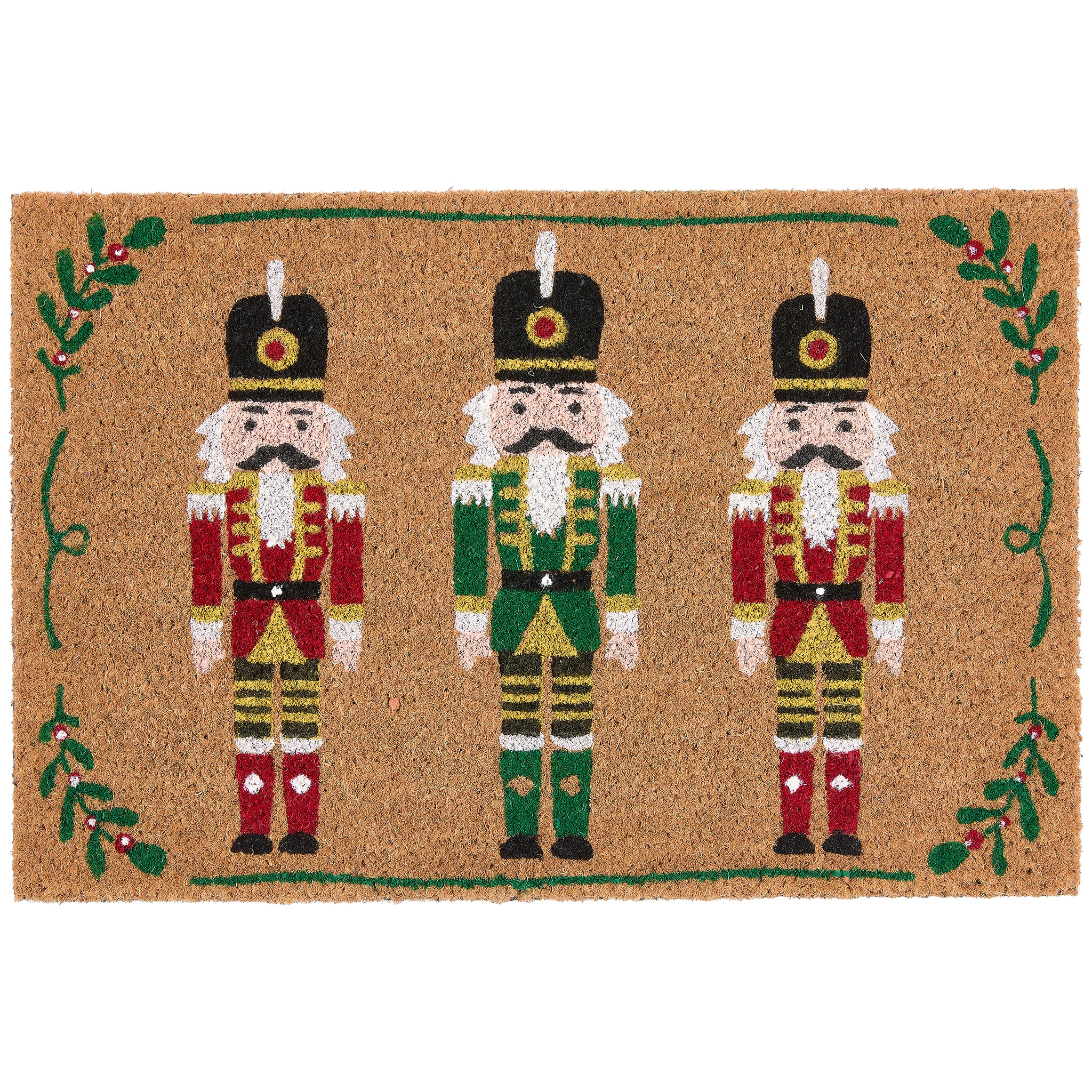 Christmas Nutcracker Coir Doormat with three colourful nutcrackers.