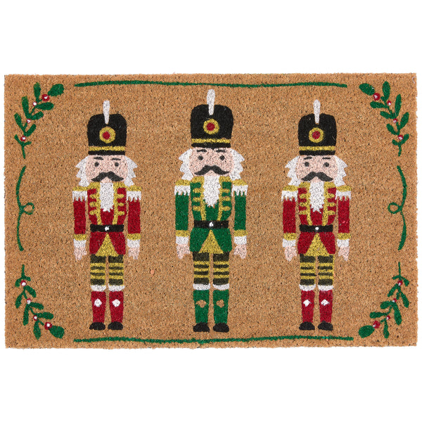 Christmas Nutcracker Coir Doormat with three colourful nutcrackers.