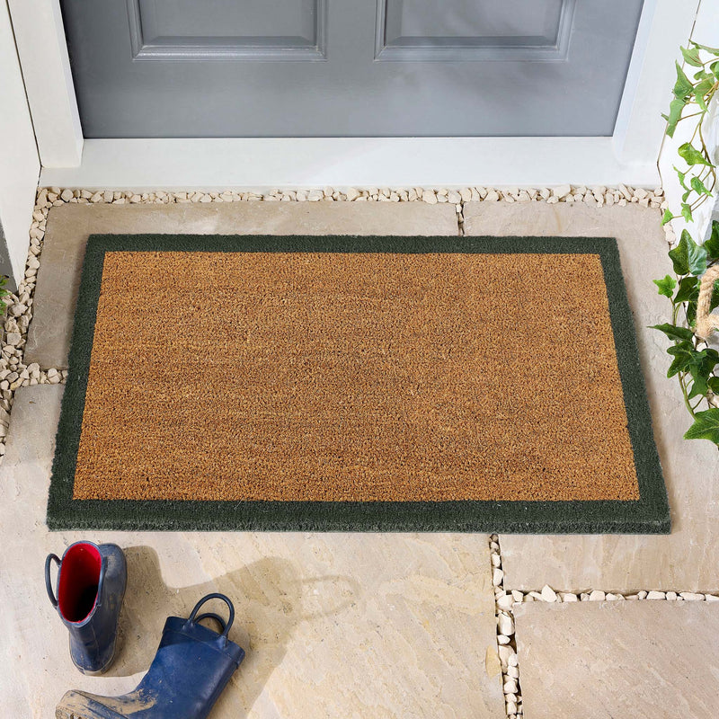 Printed Coir Border Green Doormat- made from recycled materials featuring a green border.