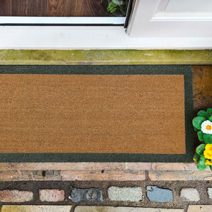 Printed Coir Border Green Runner- made from recycled materials featuring a green border.