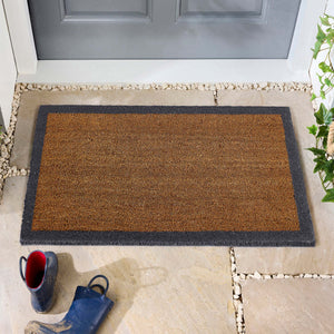 Printed Coir Border Grey Blue Doormat. Made from eco-friendly materials featuring a blue grey border. 
