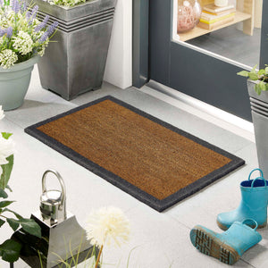 Printed Coir Border Grey Blue Doormat. Made from eco-friendly materials featuring a blue grey border. 