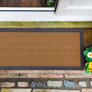 Printed Coir Border Grey Blue Runner. An eco-friendly doormat featuring a blue grey border. 