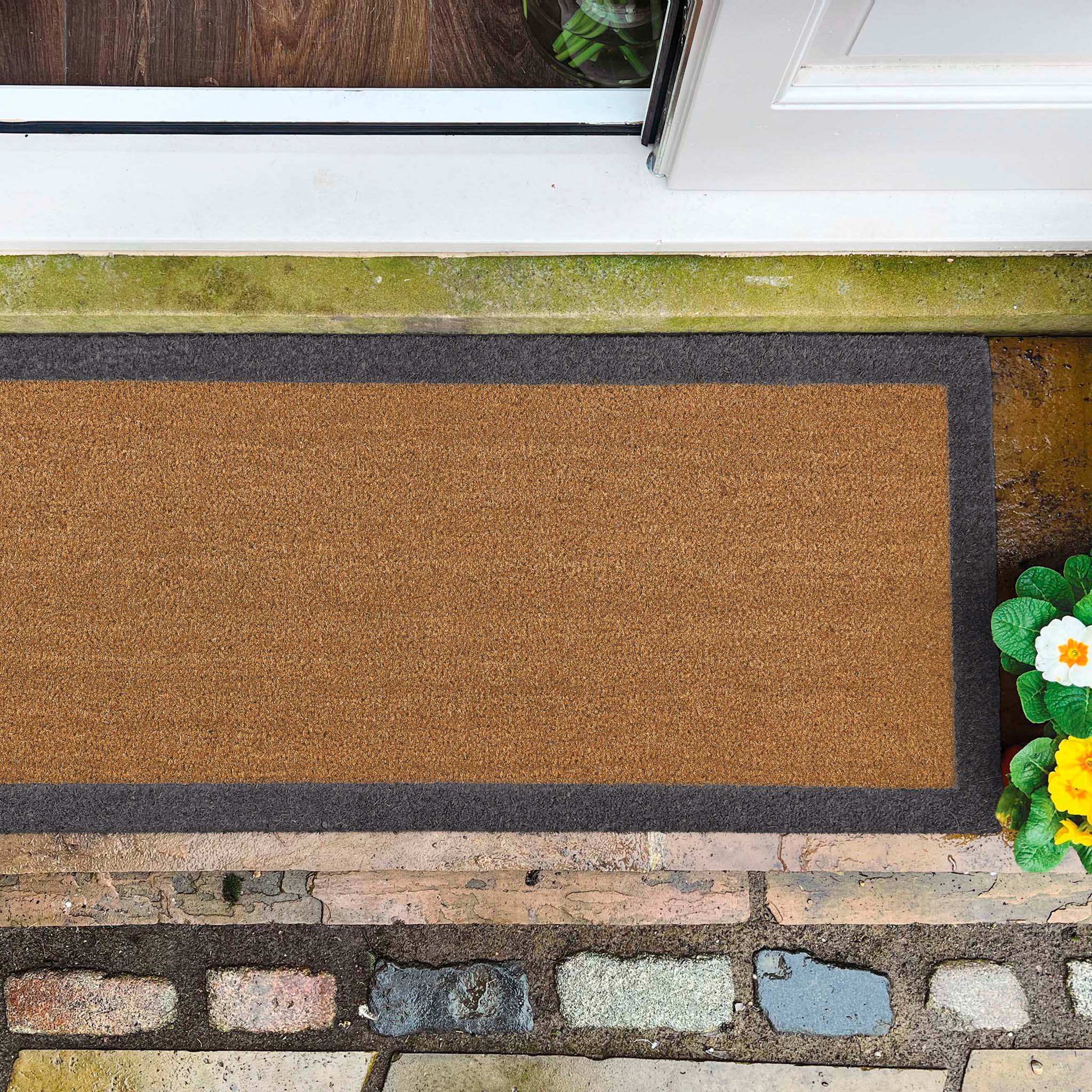 Printed Coir Border Grey Blue Runner. An eco-friendly doormat featuring a blue grey border. 