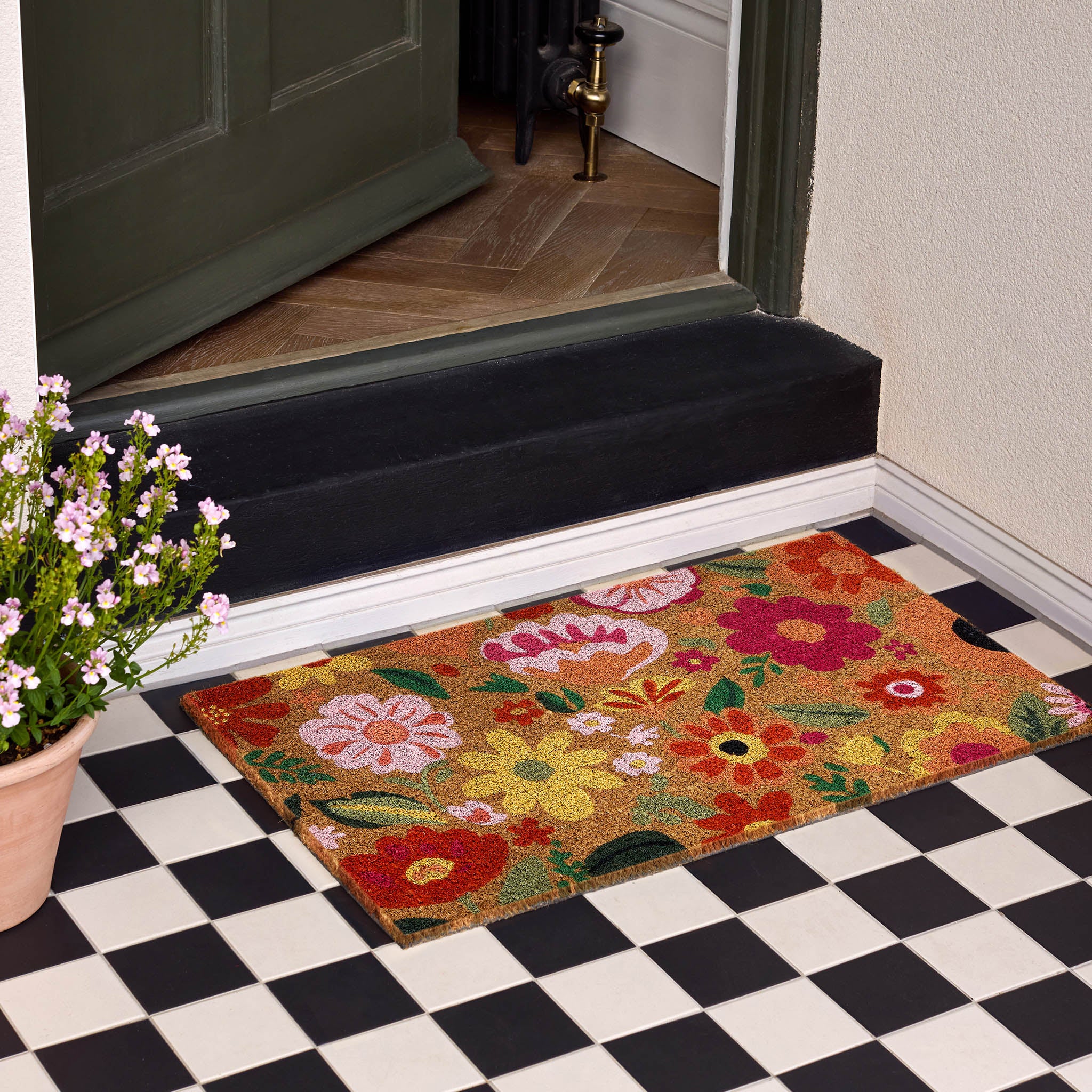 Bright Blooms Coir Doormat- made from natural coconut fibres with an eco-friendly backing. 