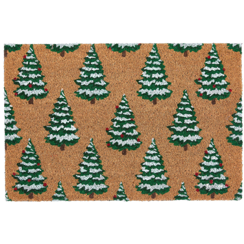 Christmas Trees Coir Doormat with a snow dusted Christmas tree design.