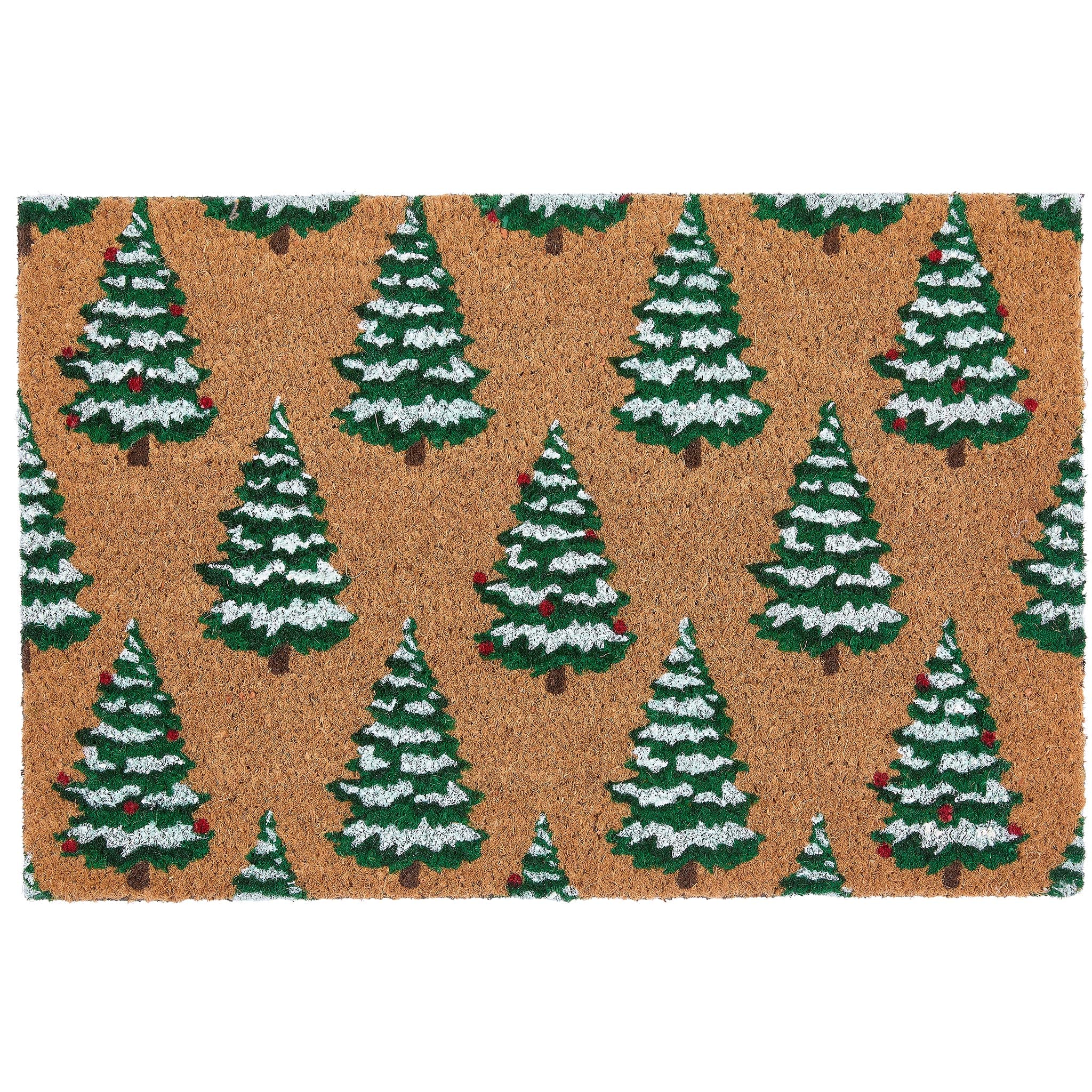 Christmas Trees Coir Doormat with a snow dusted Christmas tree design.