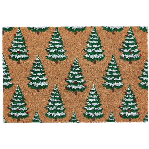 Christmas Trees Coir Doormat with a snow dusted Christmas tree design.