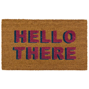 Hello There Coir Doormat - a 100% recycled material coir doormat featuring 'hello there' written in pink and blue lettering.