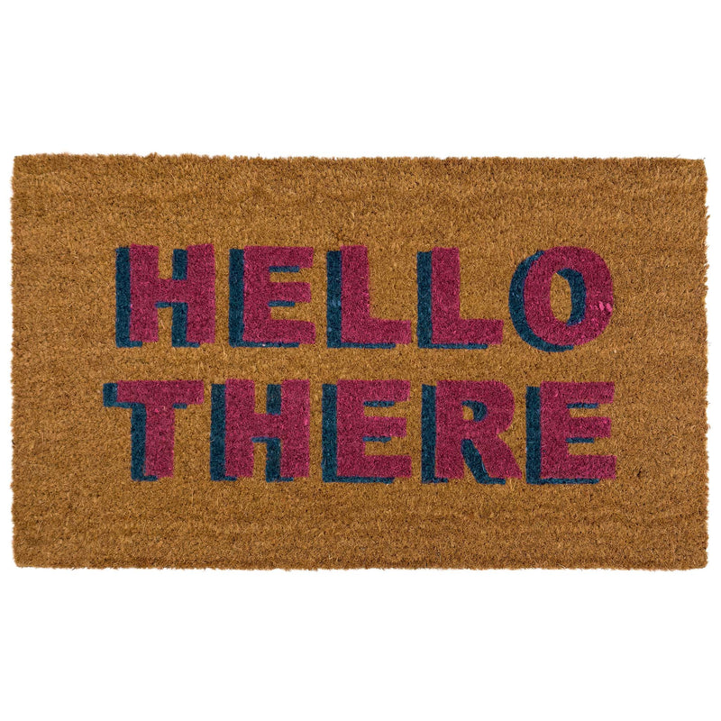 Hello There Coir Doormat - a 100% recycled material coir doormat featuring 'hello there' written in pink and blue lettering.