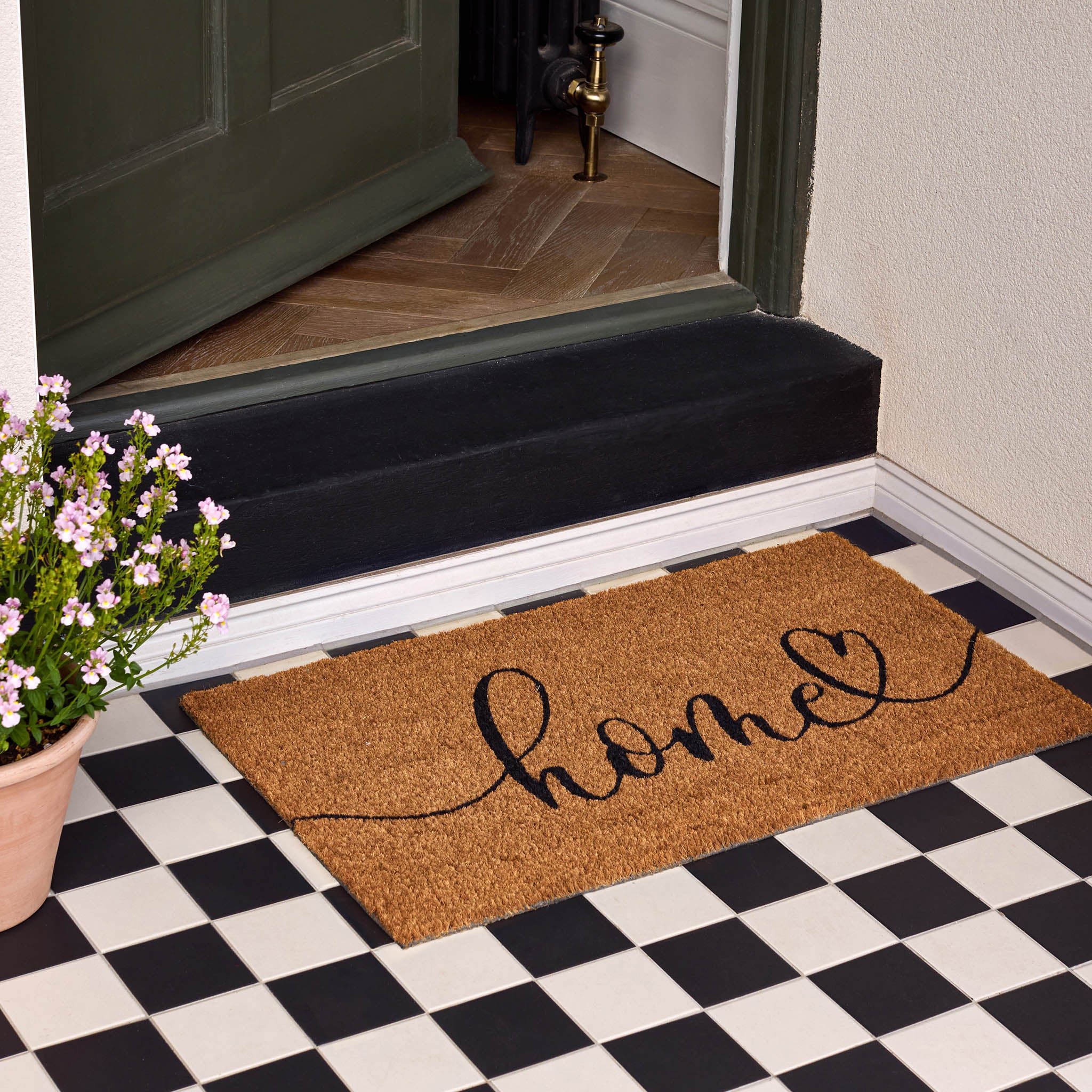 Home Script Coir Doormat- made from 100% coconut husk fibres with an eco-friendly backing.