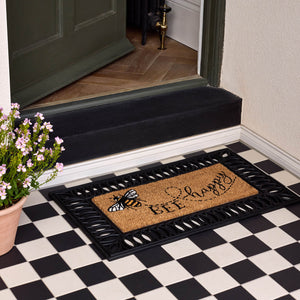 Coir Insert Bee Happy Doormat- made from 100% coconut husk fibres with a latex backing.