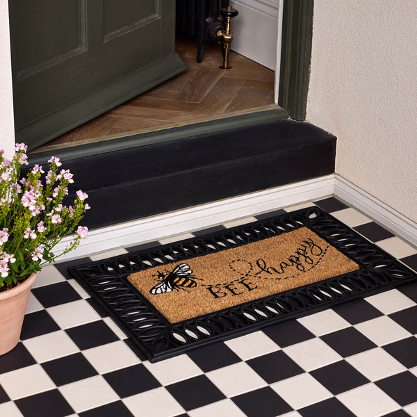 Coir Insert Bee Happy Doormat- made from 100% coconut husk fibres with a latex backing.