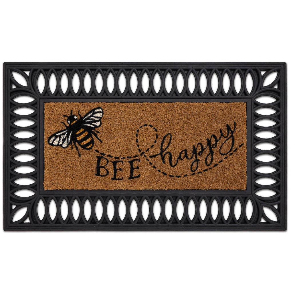 Coir Insert Bee Happy Doormat- made from 100% coconut husk fibres with a latex backing.