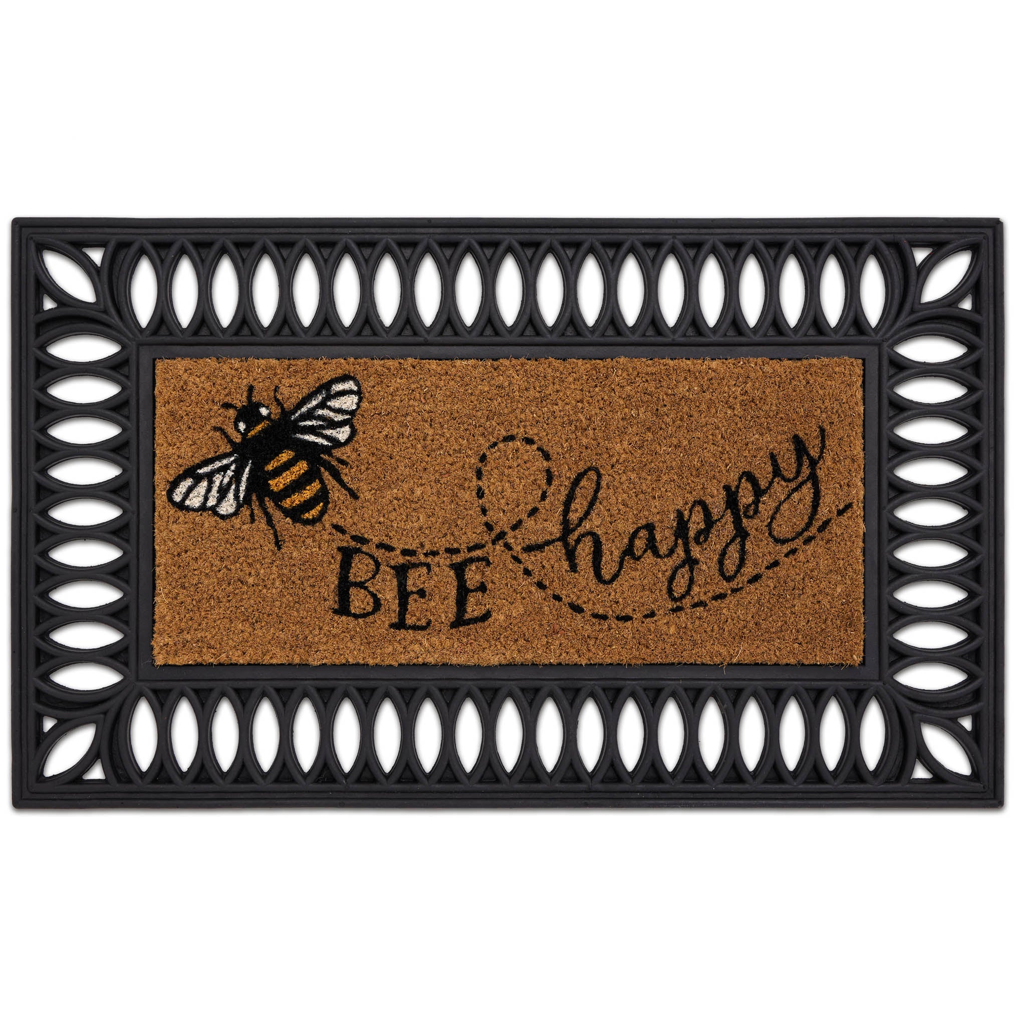 Coir Insert Bee Happy Doormat- made from 100% coconut husk fibres with a latex backing.