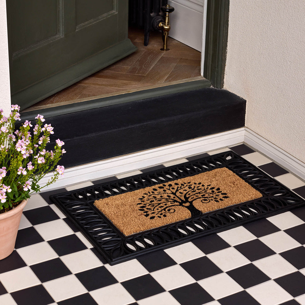 Coir Insert Tree Of Life Doormat- made from 100% natural coconut husk fibres featuring a graphic tree. 