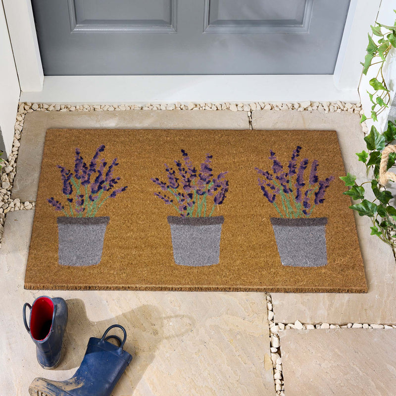 Lavender Coir Doormat - a 100% recycled material coir doormat featuring 3 potted lavender plants.