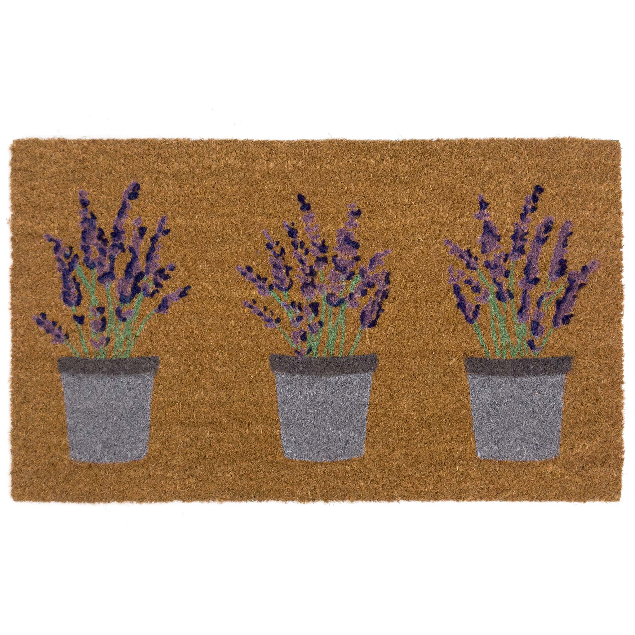 Lavender Coir Doormat - a 100% recycled material coir doormat featuring 3 potted lavender plants.