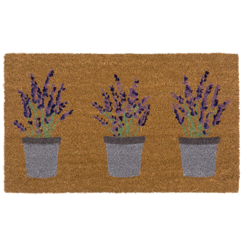Lavender Coir Doormat - a 100% recycled material coir doormat featuring 3 potted lavender plants.