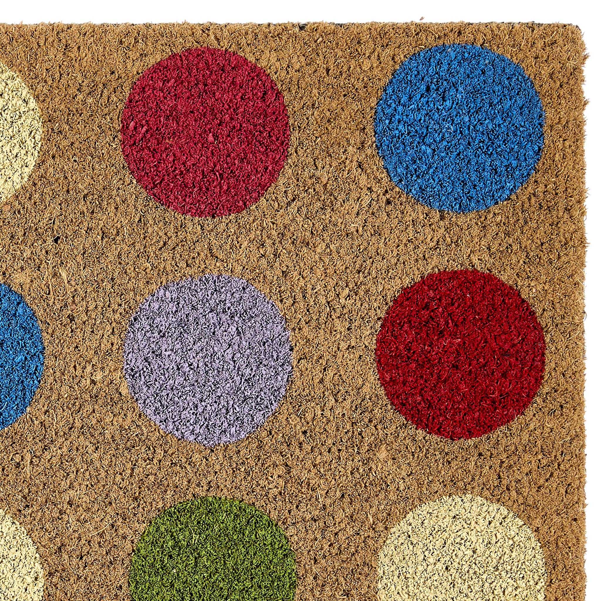Spots Coir Doormat made from natural coconut husk fibres, featuring a multi coloured spot design.