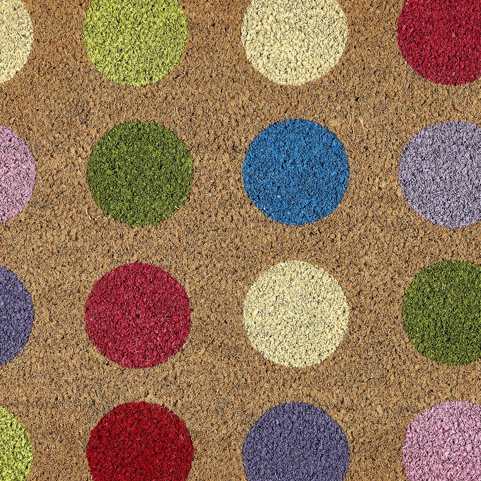 Spots Coir Doormat made from natural coconut husk fibres, featuring a multi coloured spot design.