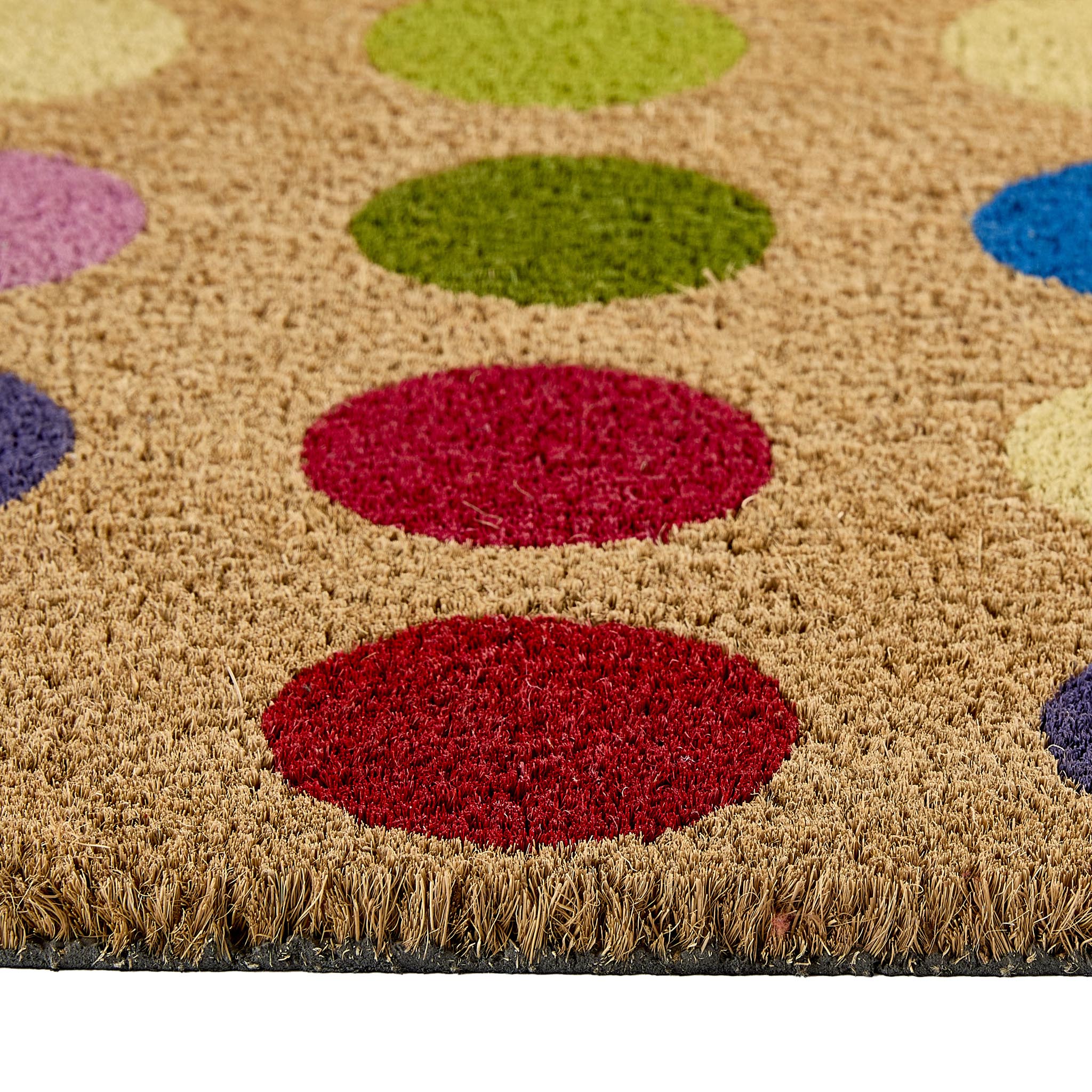 Spots Coir Doormat made from natural coconut husk fibres, featuring a multi coloured spot design.