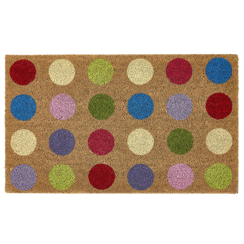 Spots Coir Doormat made from natural coconut husk fibres, featuring a multi coloured spot design.