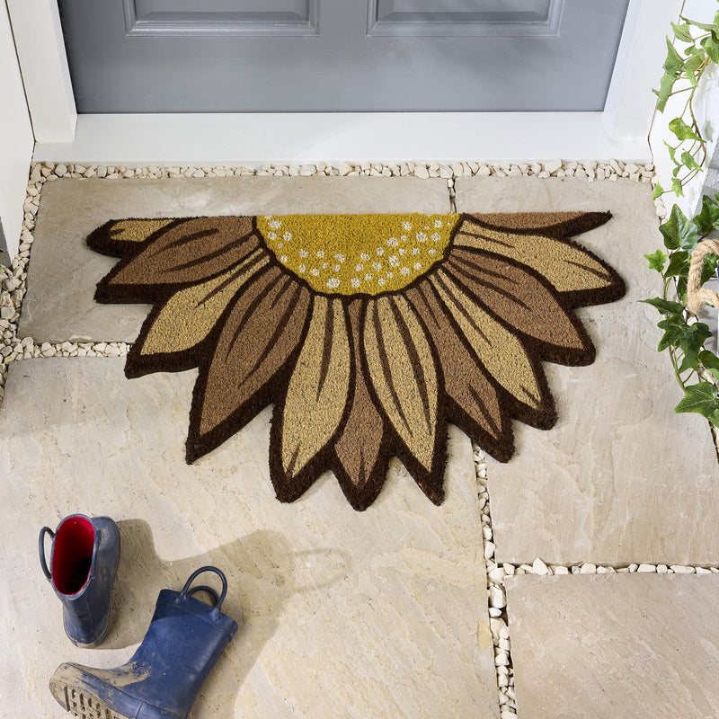 Sunflower Coir Doormat made from natural coconut husk fibres, featuring a sunflower cut out design.