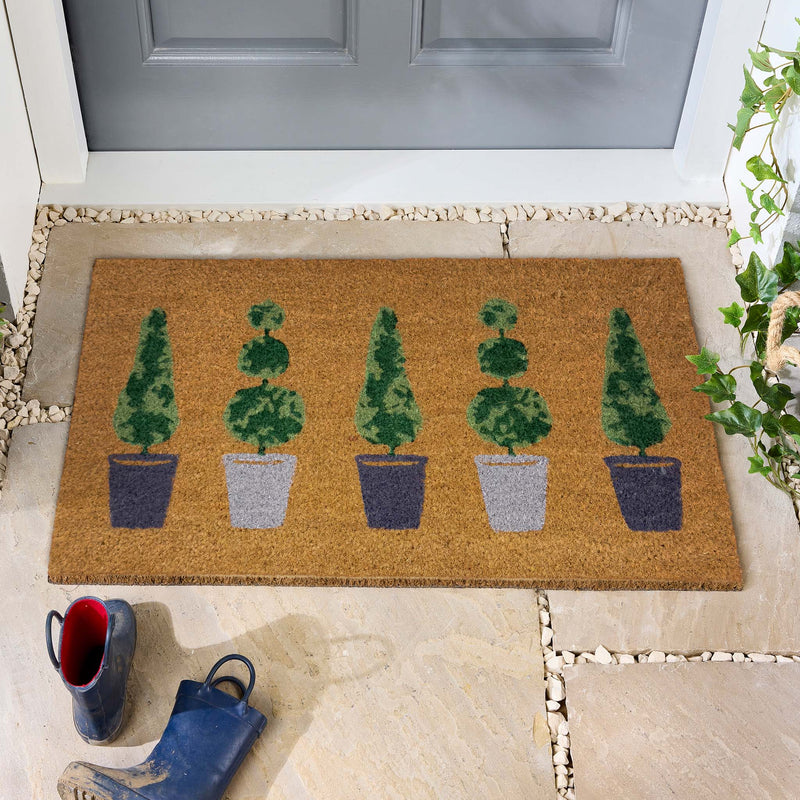 Topiary Coir Doormat - a 100% recycled material coir doormat featuring 5 potted plants.