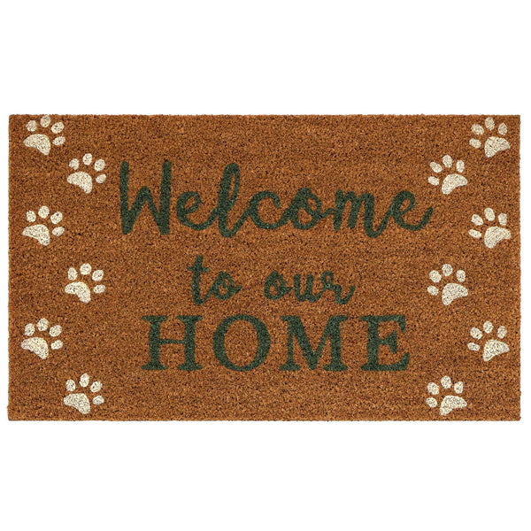 Welcome Paws Coir Doormat- made from natural coconut husks fibres featuring a paw print border with 'welcome to our home' written in the middle.
