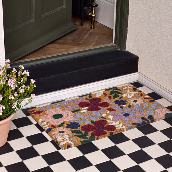 Wildflower Meadow Coir Doormat- made from 100% natural coconut husk fibres featuring oversized blooms.