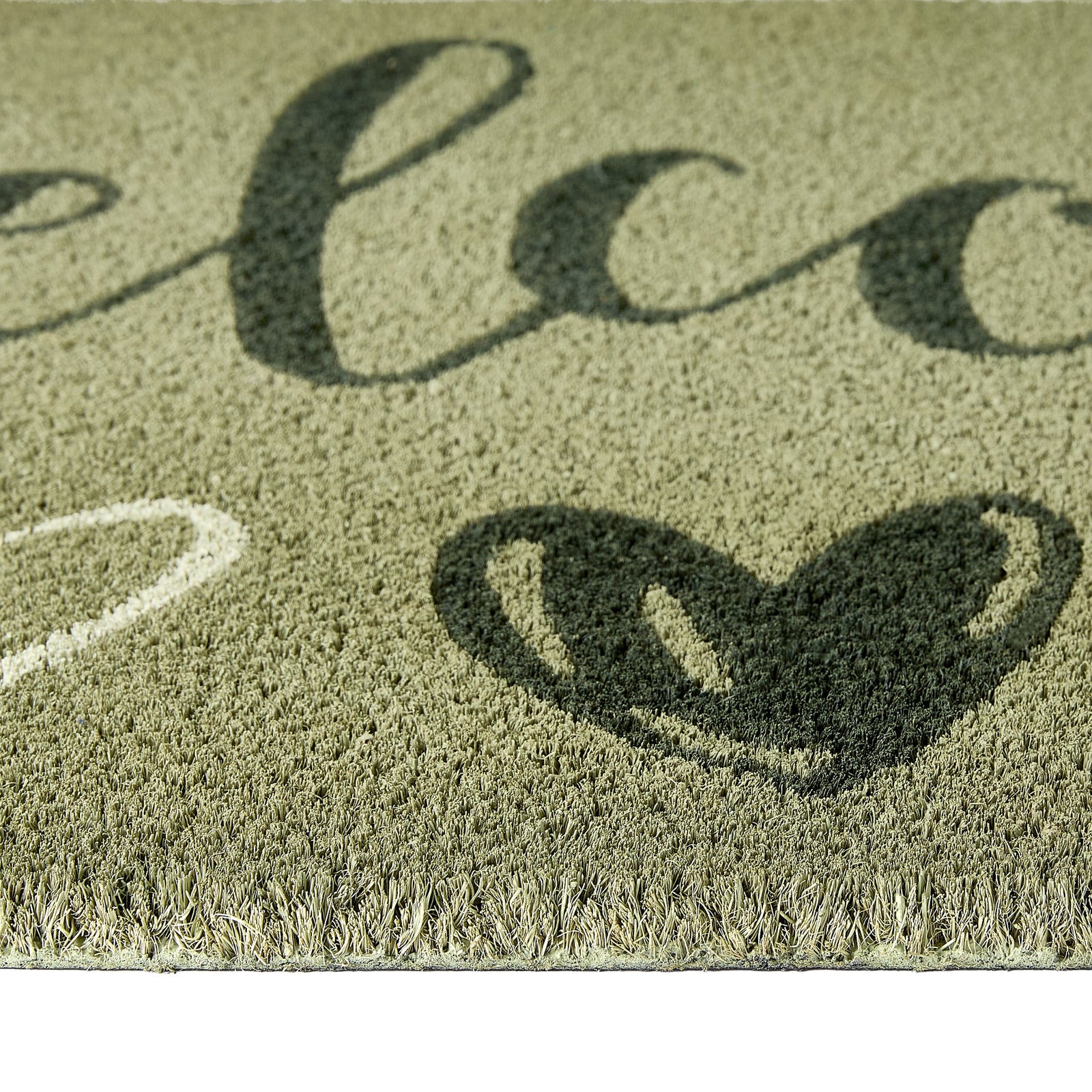 Welcome Sage Coir Doormat made from natural coconut fibres, featuring the word ‘welcome’ written in dark green font.