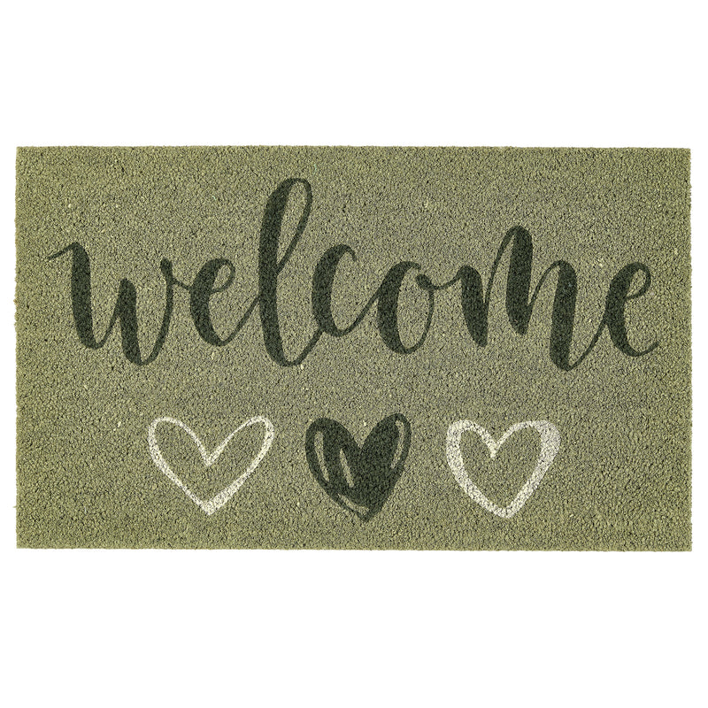 Welcome Sage Coir Doormat made from natural coconut fibres, featuring the word ‘welcome’ written in dark green font.
