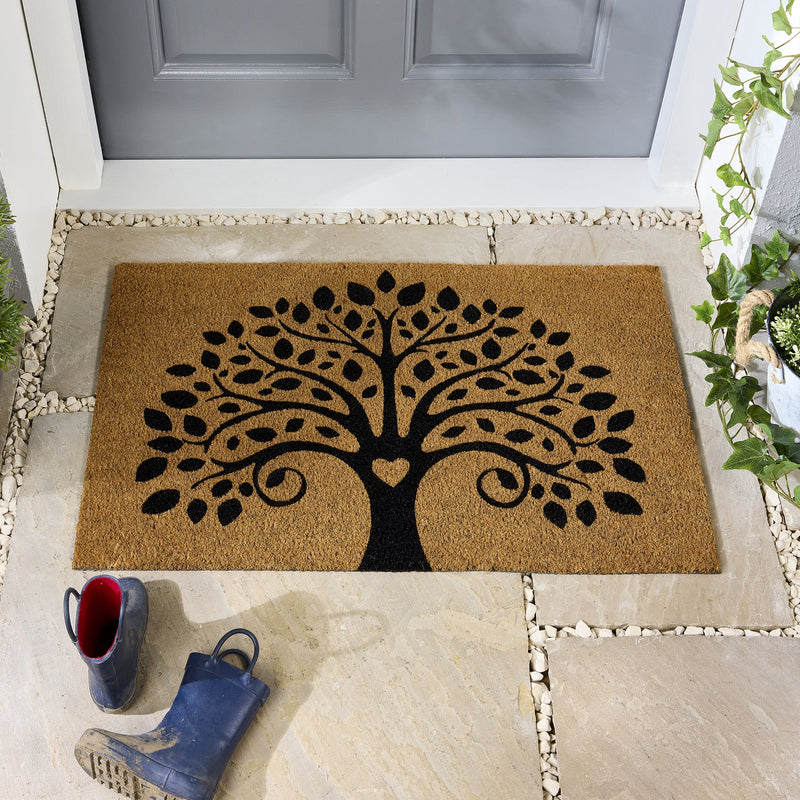 Tree of Life Coir made from natural coconut fibres, featuring a black outlined tree. 