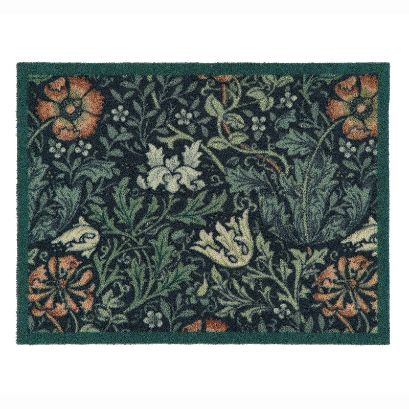 A rectangular outdoor doormat with a dark green border and a dense floral and botanical pattern in muted green, beige, orange, and white on a dark background.