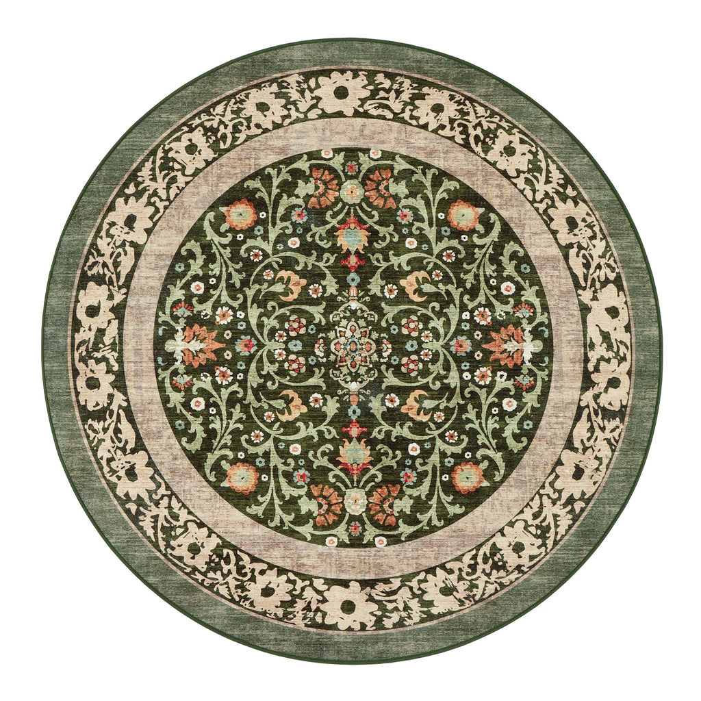 Country Paisley Green Eco-Washable Circle Rug with a floral design.