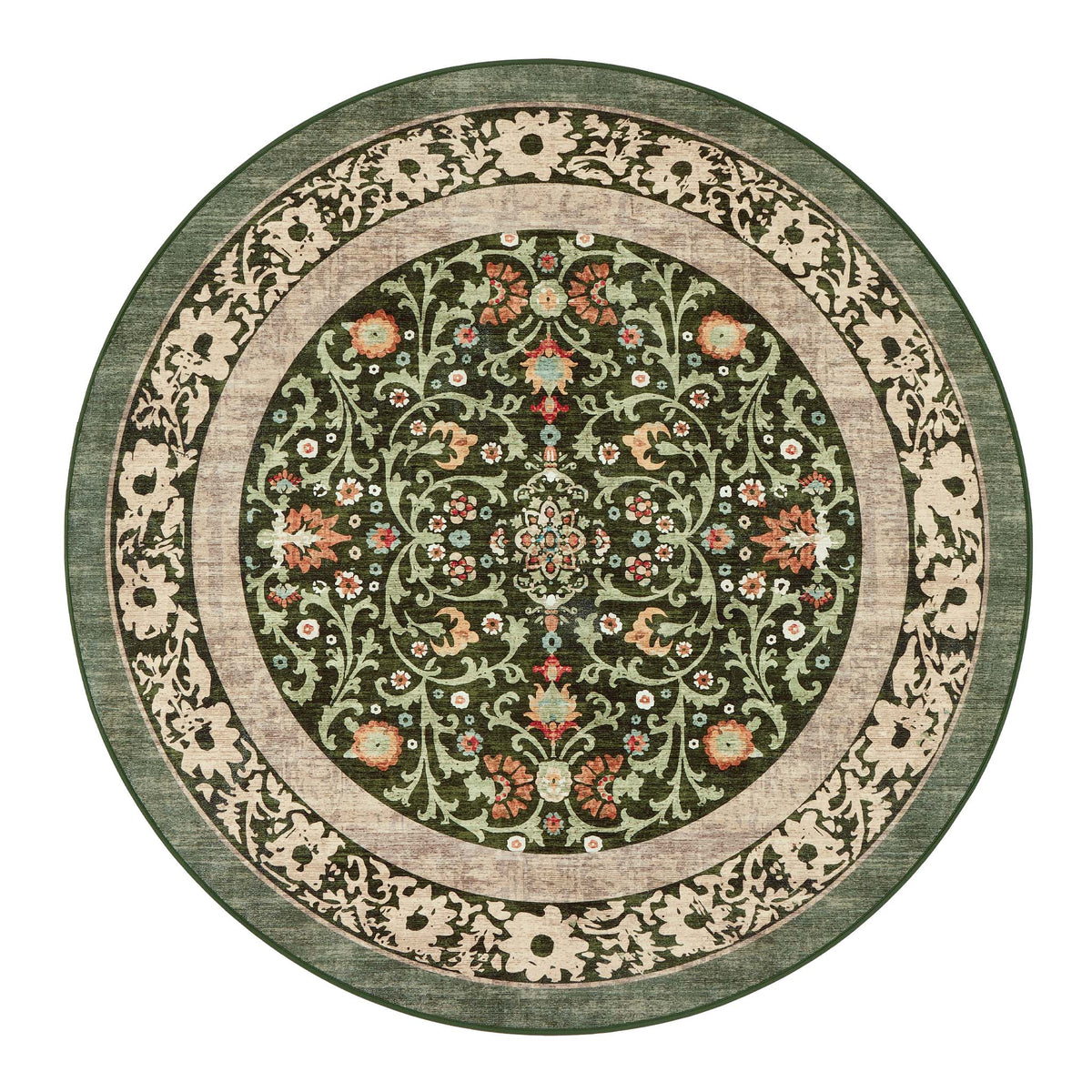 Country Paisley Green Eco-Washable Circle Rug with a floral design.