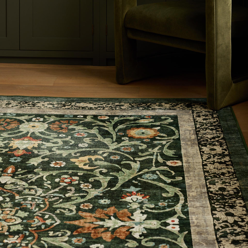 Country Paisley Green Eco-Washable Rug- a green eco -washable rug featuring various florals. 