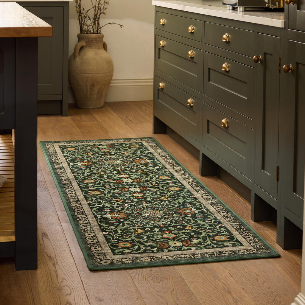 Country Paisley Green Eco-Washable Runner- a green eco -washable runner featuring various florals. 