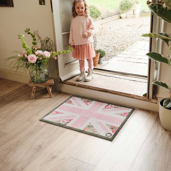 Country Rose Flag Doormat- 100% recycled cotton doormat featuring a pink union jack flag surrounded by florals.