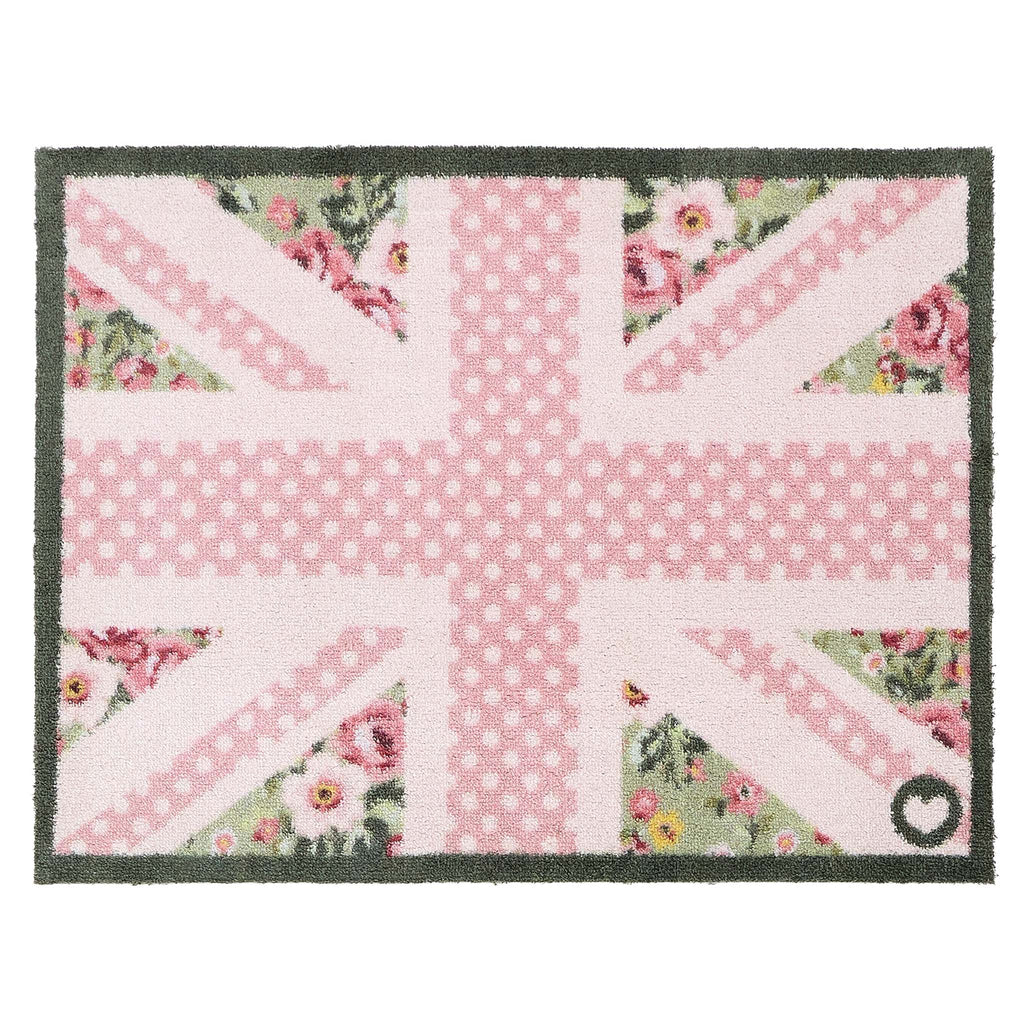 Country Rose Flag Doormat- 100% recycled cotton doormat featuring a pink union jack flag surrounded by florals.