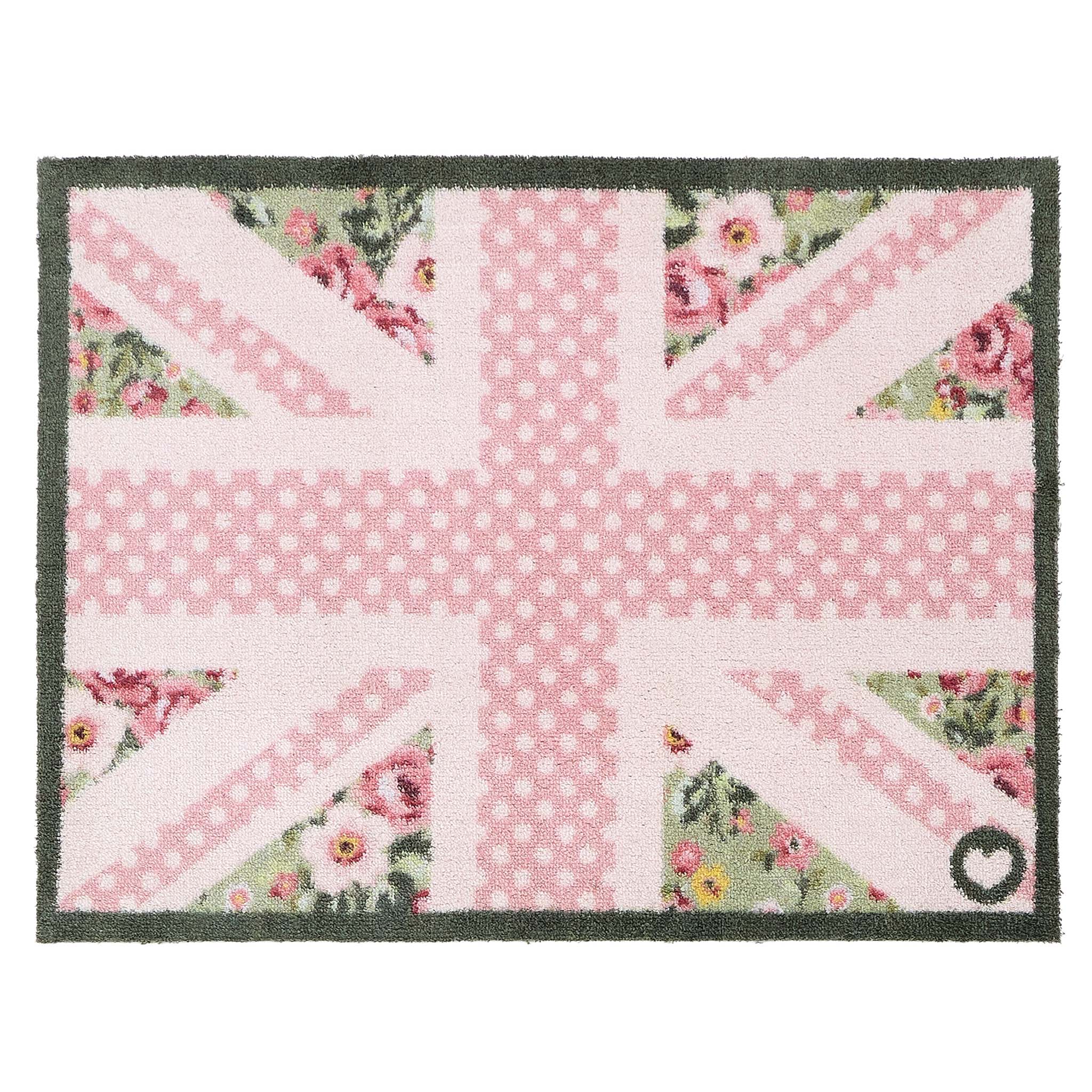 Country Rose Flag Doormat- 100% recycled cotton doormat featuring a pink union jack flag surrounded by florals.