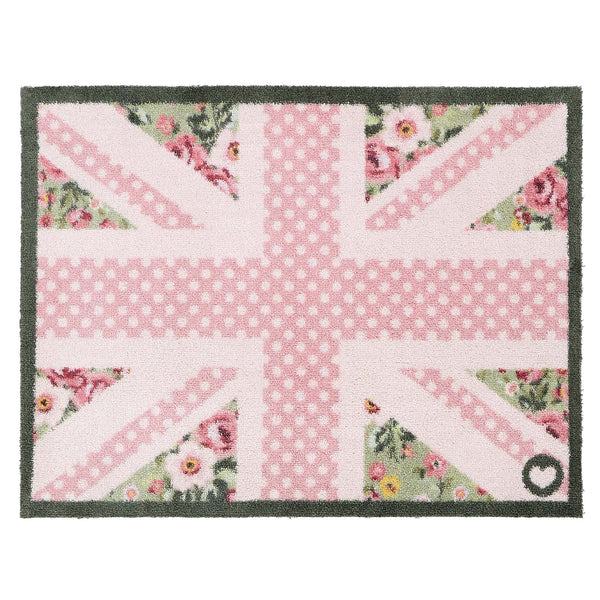 Country Rose Flag Doormat- 100% recycled cotton doormat featuring a pink union jack flag surrounded by florals.