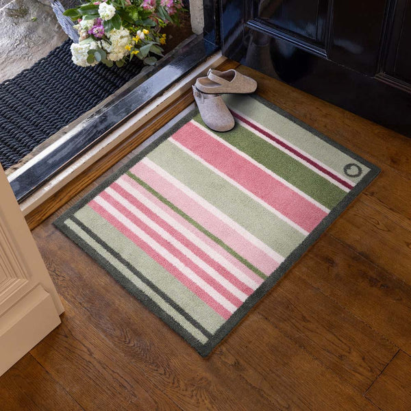Country Rose Stripe Doormat- 100% recycled cotton doormat featuring pink, green and white stripes. 