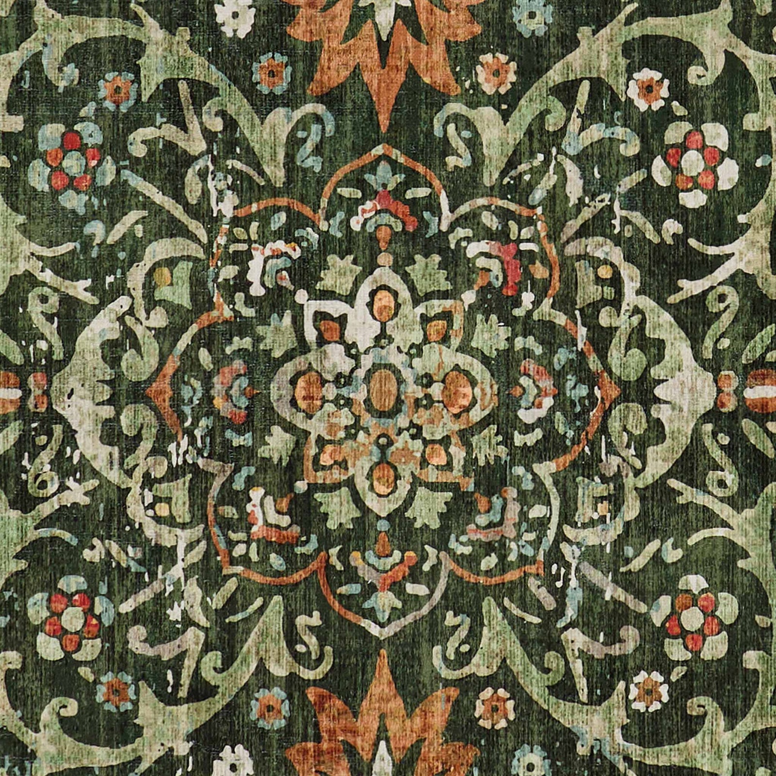 Country Paisley Green Eco-Washable Rug- a green washable rug featuring various florals. 