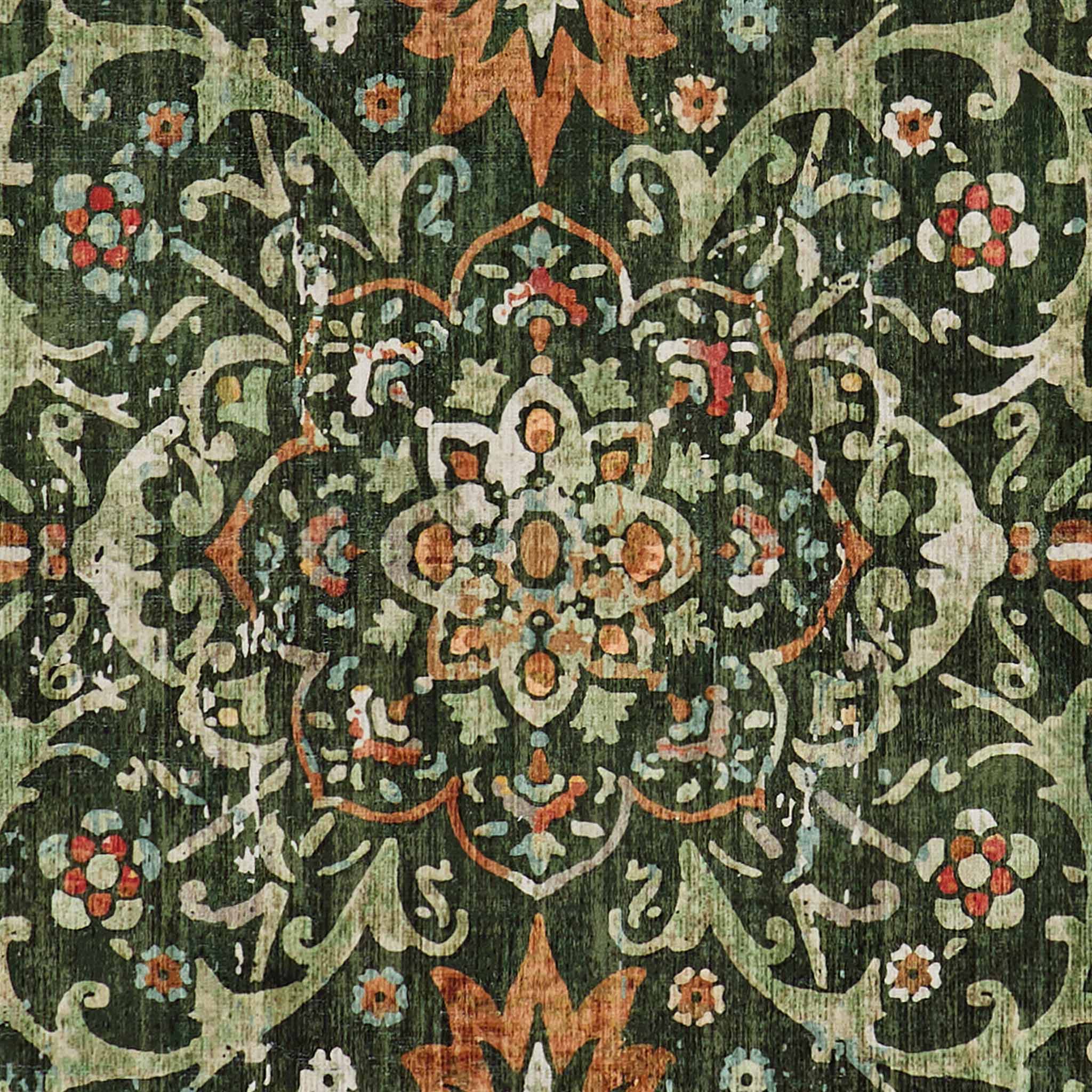 Country Paisley Green Eco-Washable Rug- a green washable rug featuring various florals. 