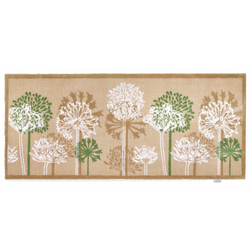 Dandelions Beige Washable Runner- 100% recycled cotton runner featuring hand-painted dandelions against a beige background. 