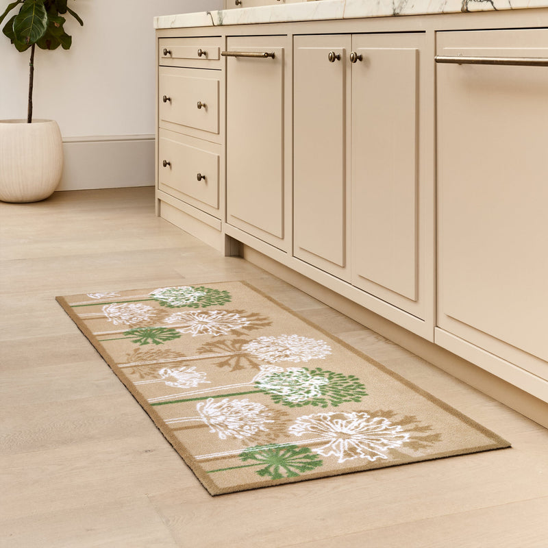 Dandelions Beige Washable Runner- 100% recycled cotton runner featuring hand-painted dandelions against a beige background. 