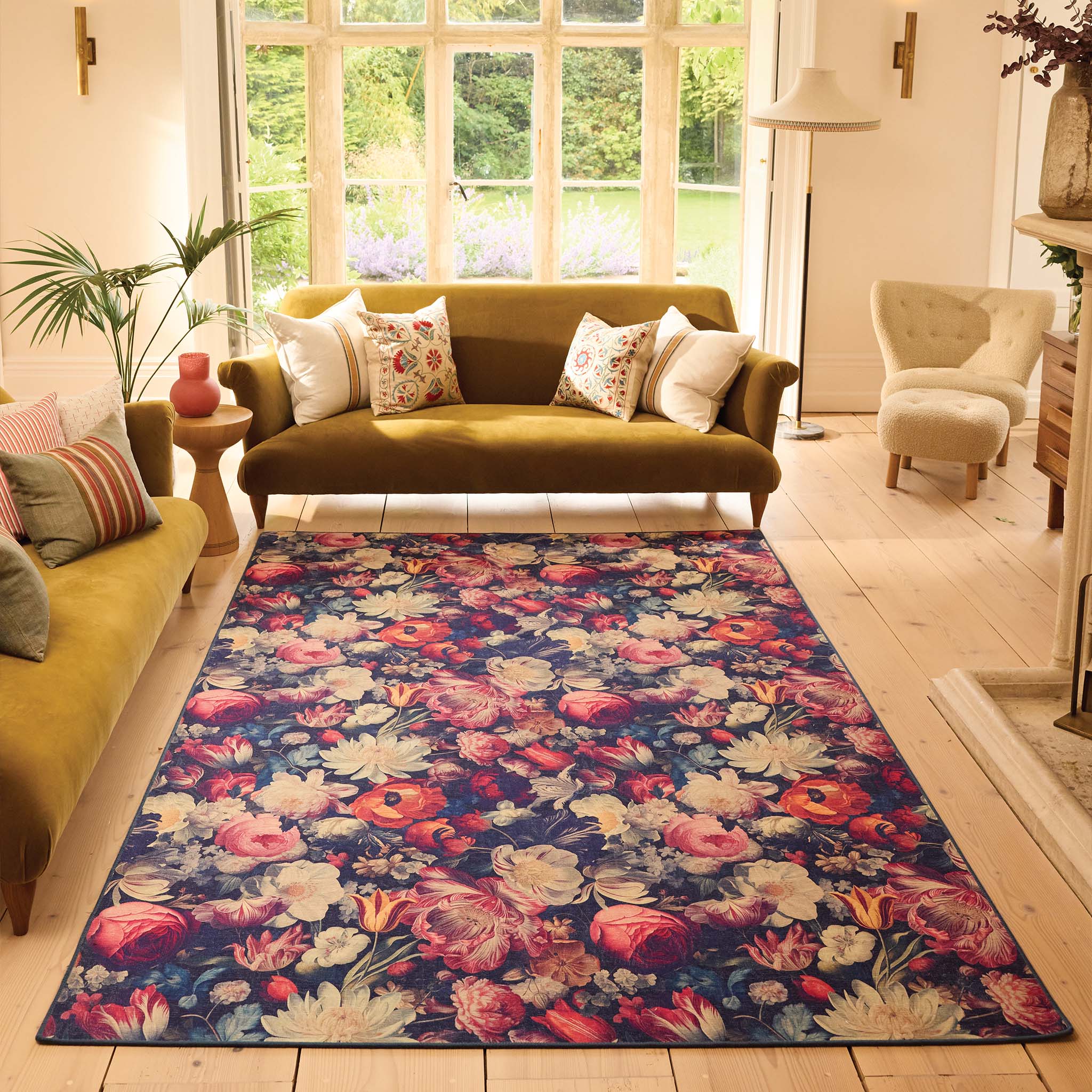 Dark Florals Eco-Washable Rug- 100% recycled material washable rug featuring flroal blooms.