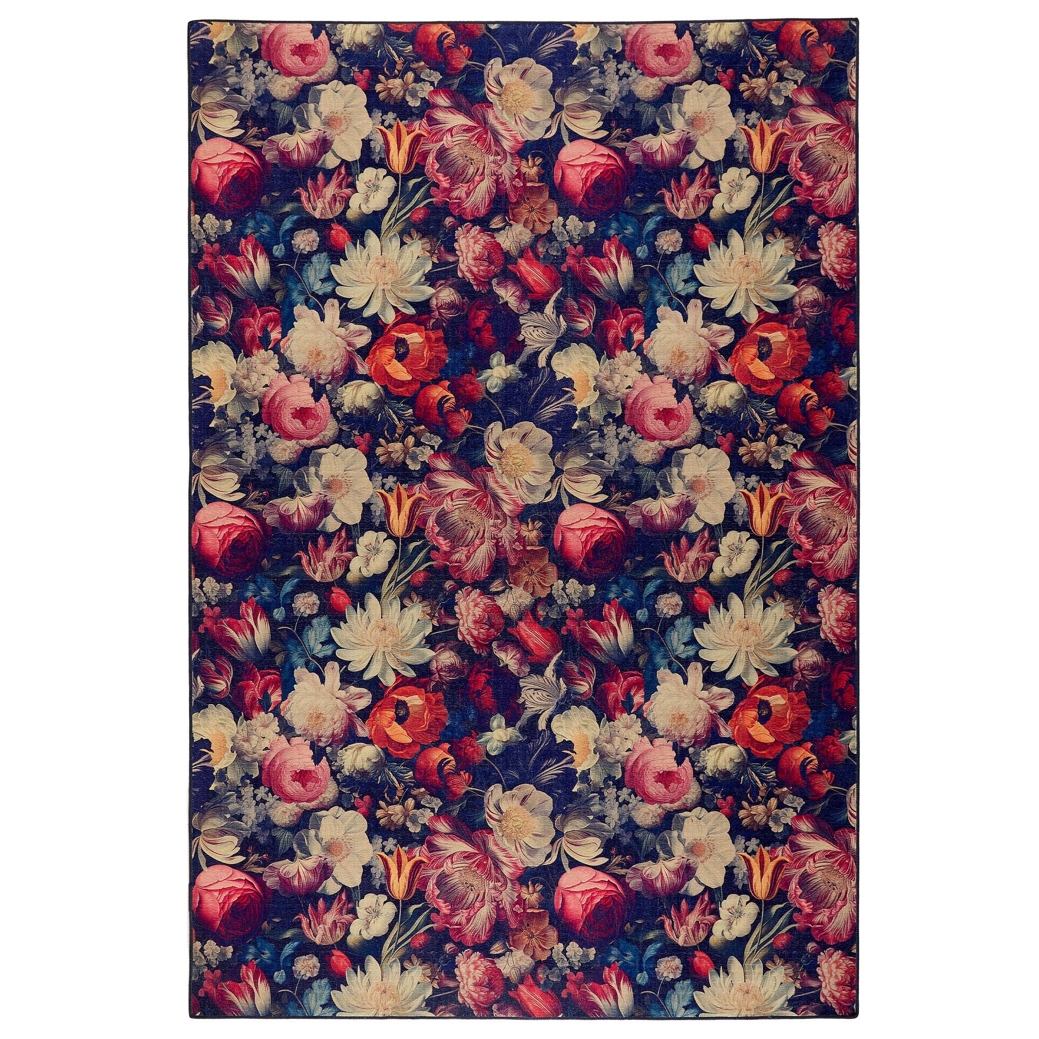 Dark Florals Eco-Washable Rug- 100% recycled material washable rug featuring flroal blooms.